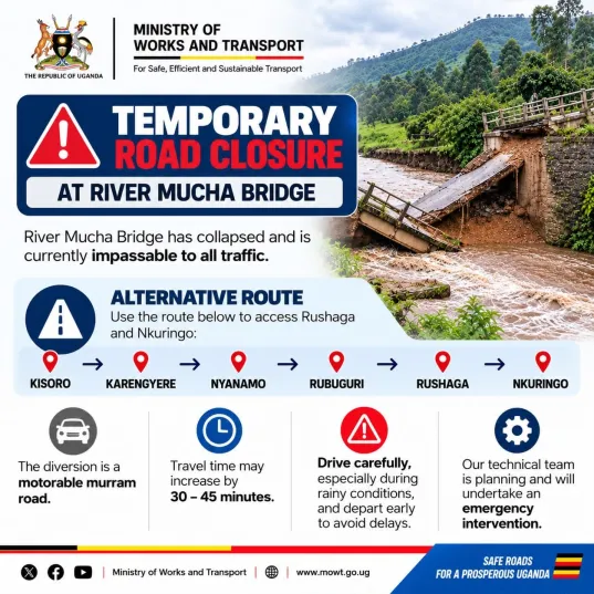 River Mucha Bridge collapse and road closure in Kisoro District, southwestern Uganda.